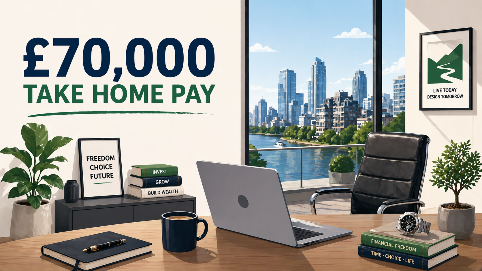 Illustration showing £70,000 UK salary after tax with monthly take-home pay summary