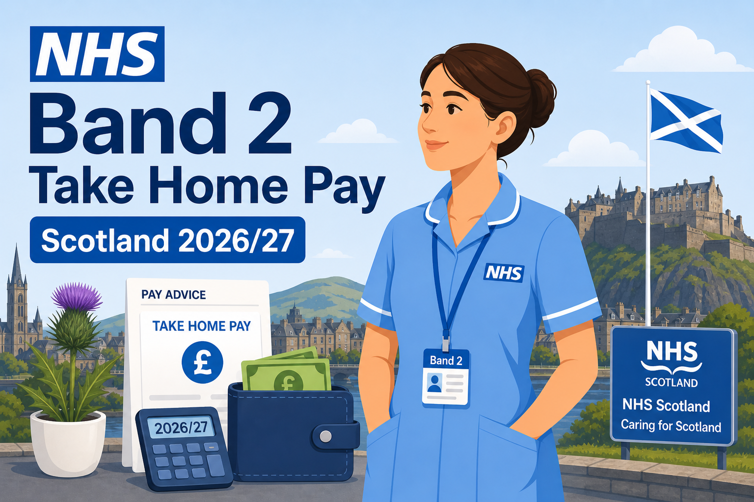 Illustration showing NHS Band 2 take-home pay in Scotland with Scottish tax, pension and payslip deductions