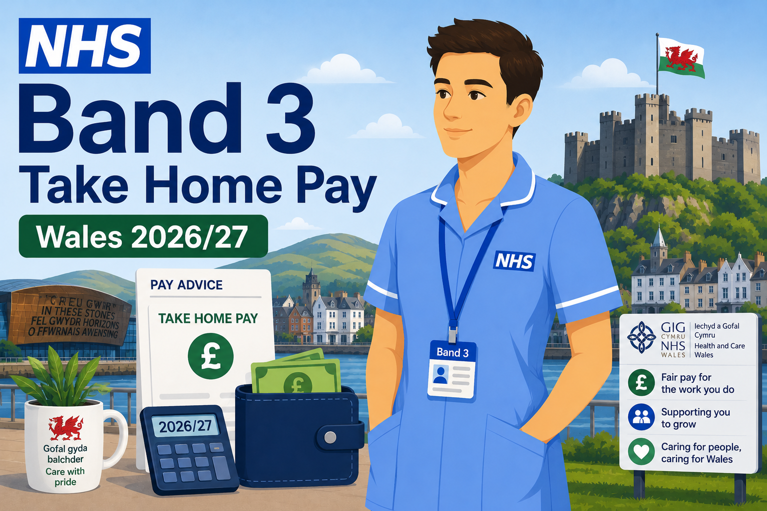 Illustration showing NHS Band 3 take-home pay in Wales with payslip, tax, pension and student loan deductions